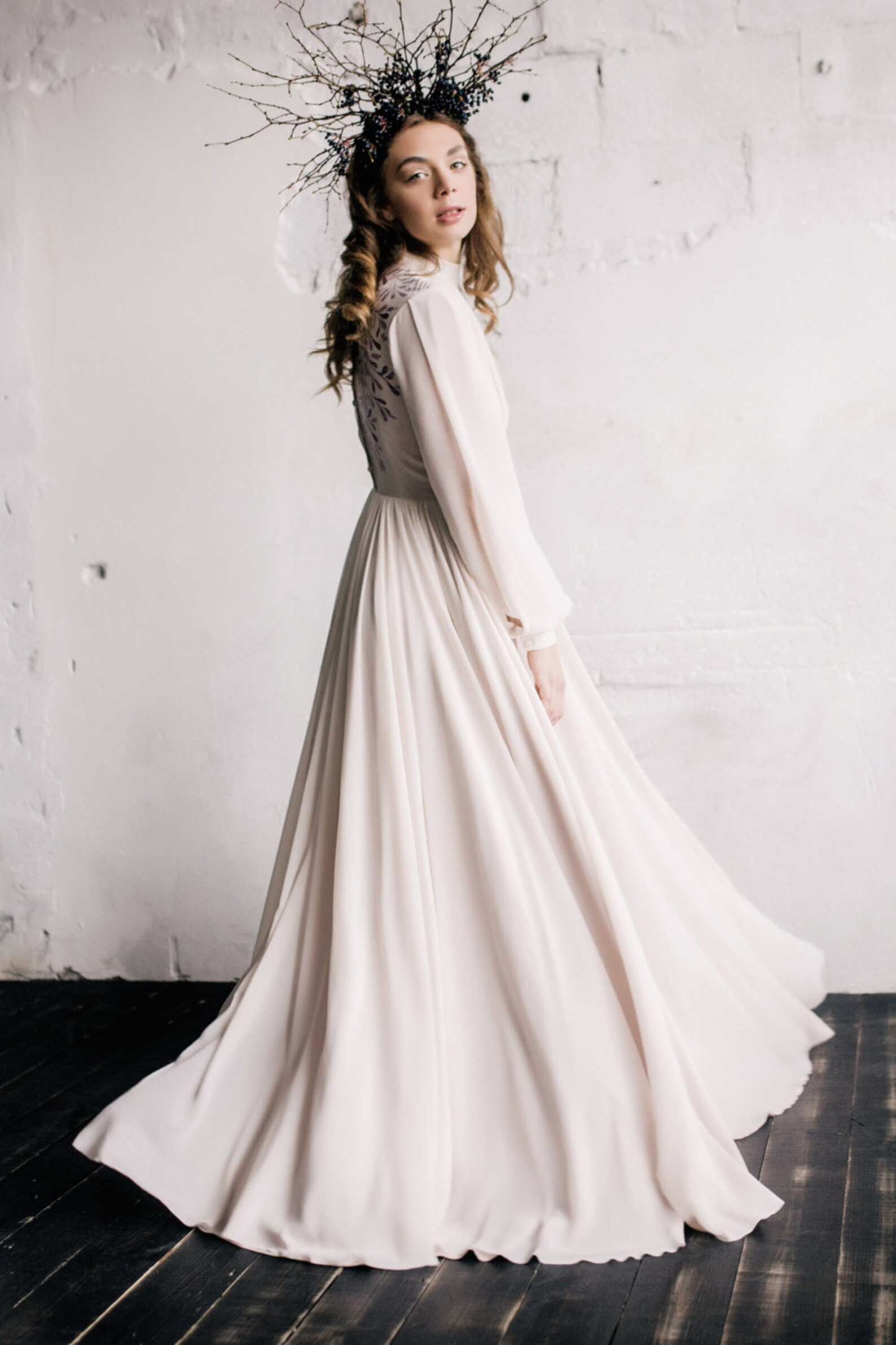 Nude Bishop Sleeve Wedding Dress With Hand-painted Bodice, Rustic Wedding Dress, Minimalist Weddi... | Etsy (US)