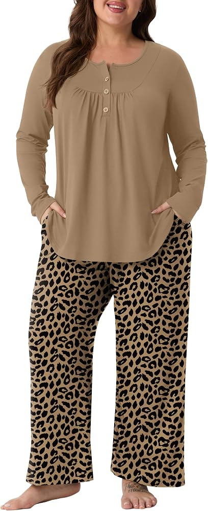 Plus Size Pajamas for Women Henley Wide Leg Pants Set with Pockets | Amazon (US)