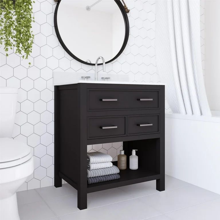 DHP Maine 30 Inch Bathroom Vanity with Carrera Countertop and Rectangular Ceramic Sink, Black/Dar... | Walmart (US)