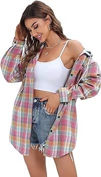 Women's Plaid Flannel Shirts Hoodie Long Sleeve Oversized Shirt Jacket Button Down Blouse Tops | Amazon (US)