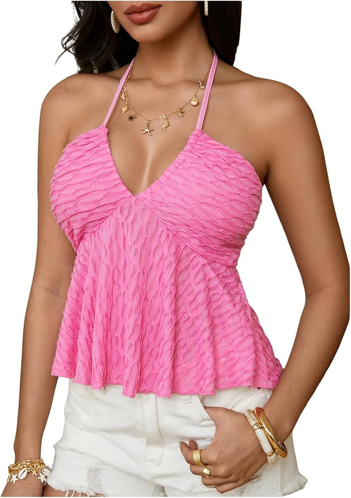 SHENHE Women's Tie Halter Neck Backless Ruffle Hem Sexy Peplum Crop Top Sleeveless Top | Amazon (US)