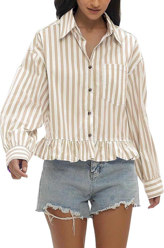 LifeShe Striped Cropped Button Down Shirts for Women Loose Ruffle Hem Long Sleeves Crop Blouses F... | Amazon (US)