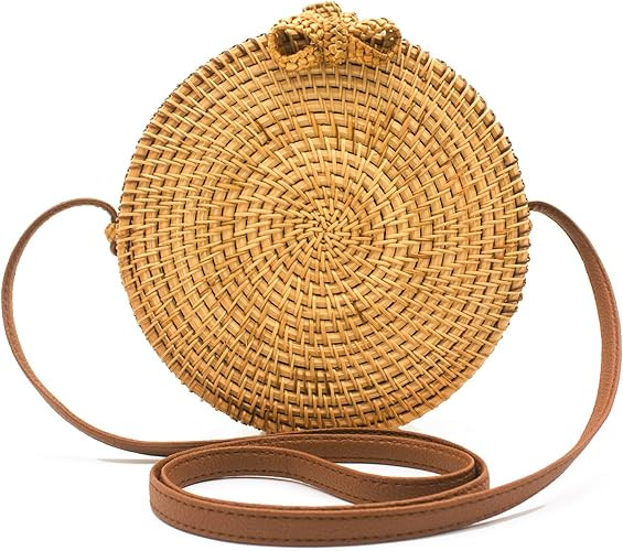 Handwoven Round Rattan Bag Shoulder Leather Straps Natural Tote Basket Bali Bags Crossbody Purse ... | Amazon (US)
