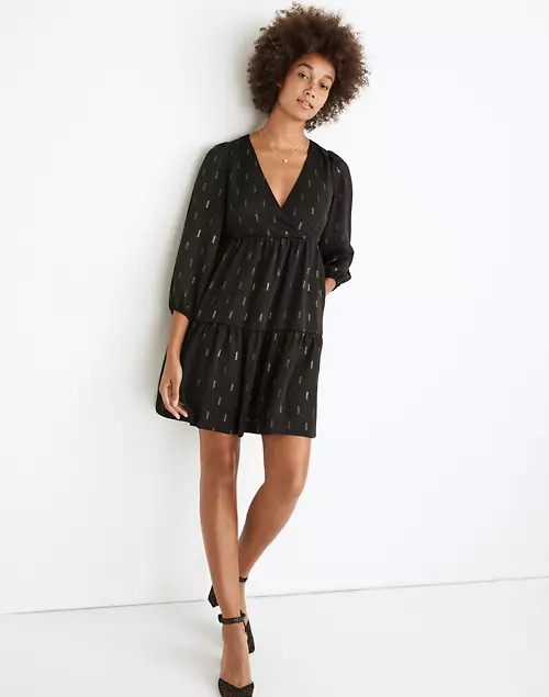 Petite Metallic Jacquard Faux-Wrap Tiered Mini Dress | Madewell