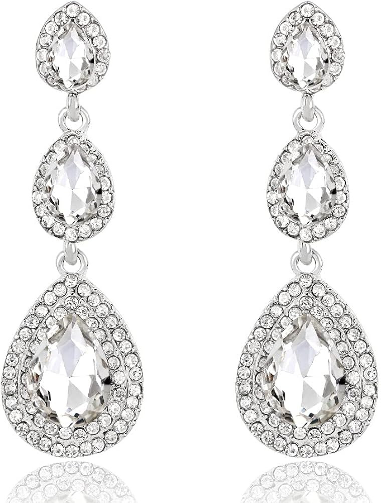 JWICOS Silver Dainty Crystal Rhinestones Three Layered Teardrop Dangle Earrings for Women and Gir... | Amazon (US)
