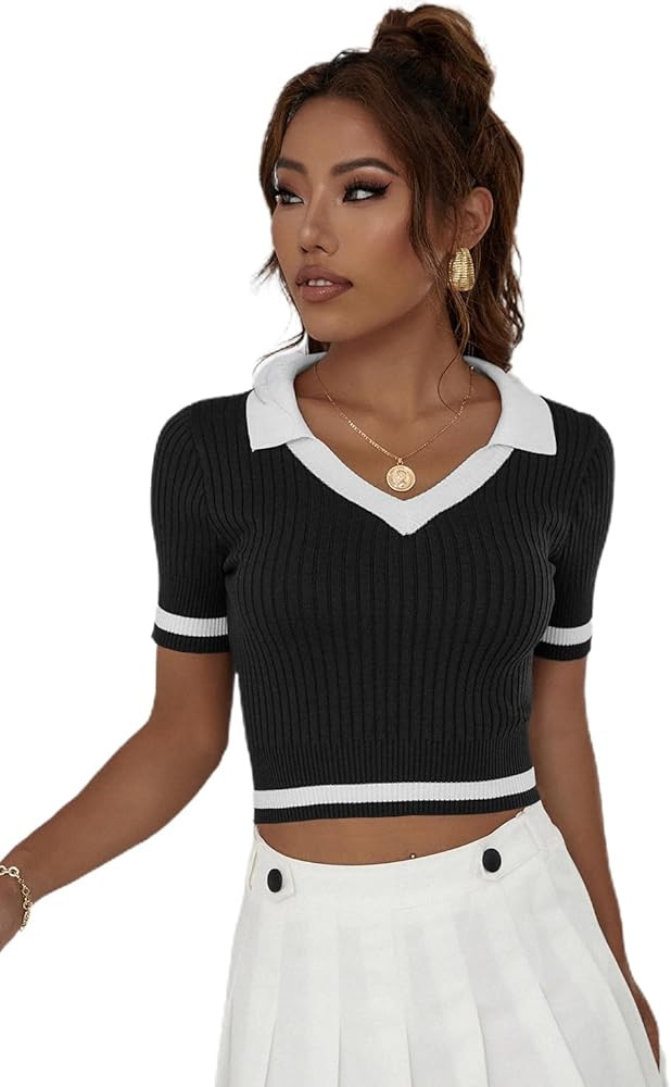 Verdusa Women's Polo Collar Colorblock Short Sleeve Ribbed Crop Knit Top School Shirt | Amazon (US)