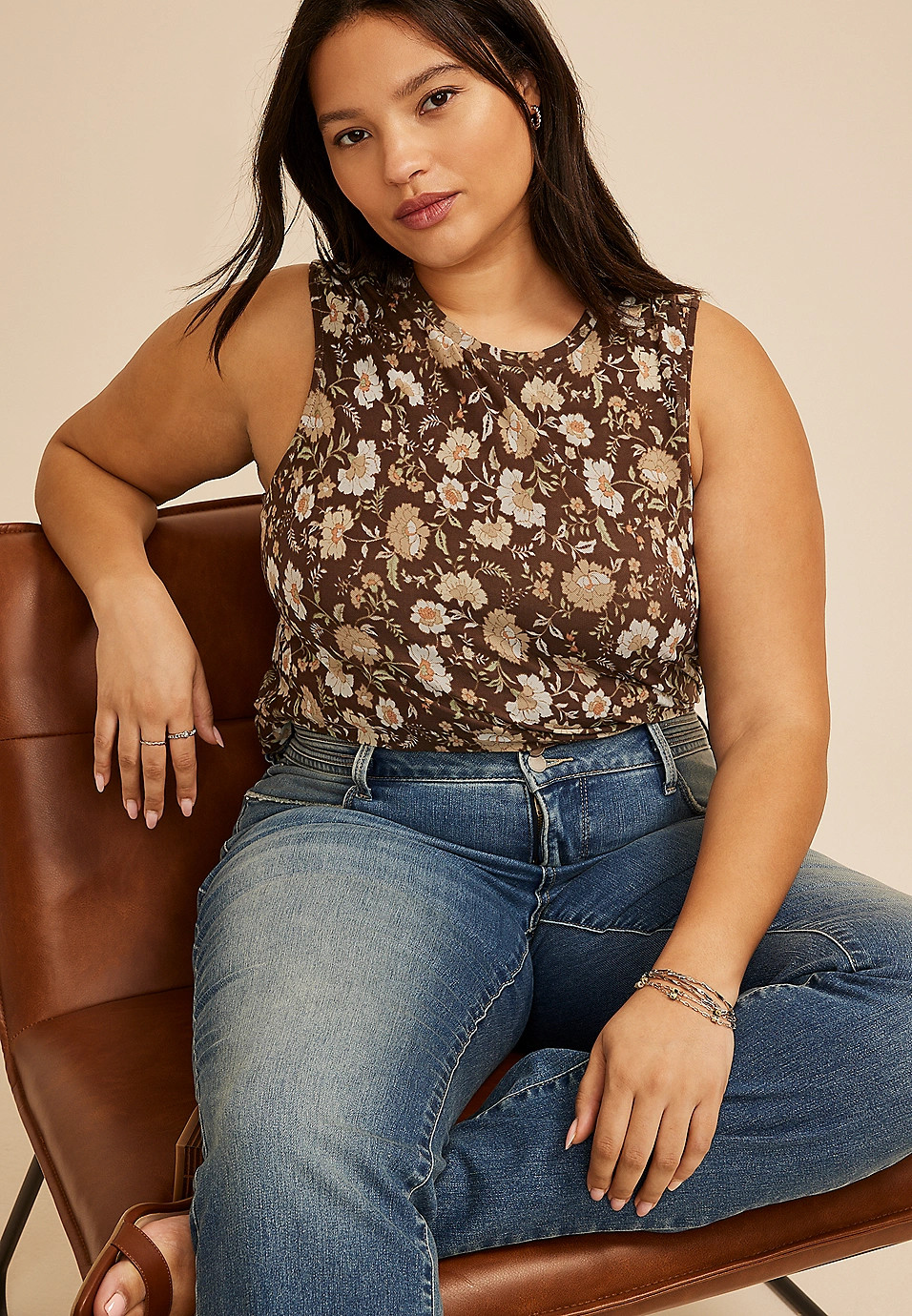 Plus Size Floral Mesh Ruched Shoulder Tank Top | Maurices