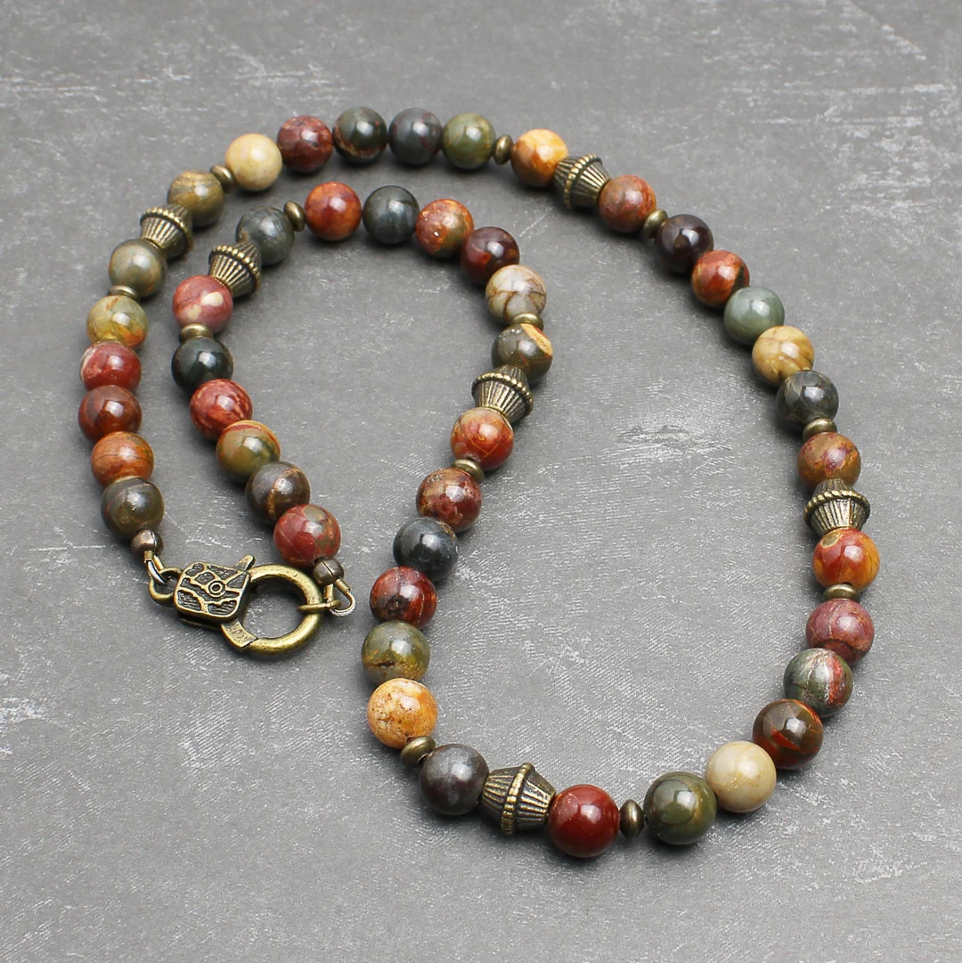 Red Creek Jasper 8mm Bead Necklace for Men, Women, Unisex, Earthy Multicolor Natural Stone Jewelr... | Etsy (US)