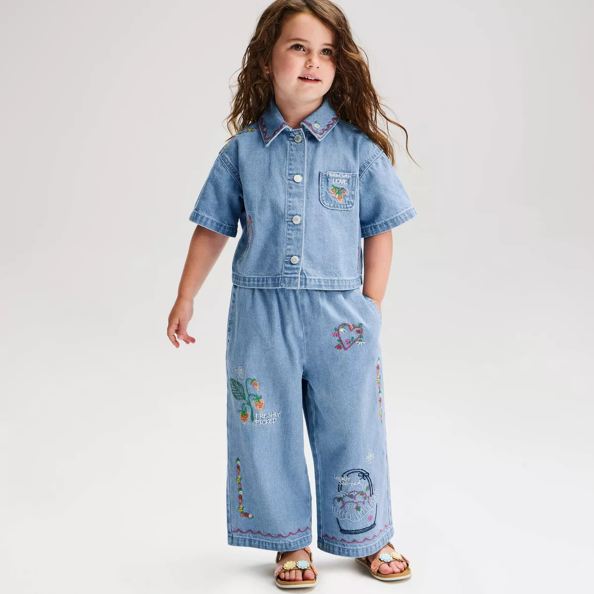 Baby Girls' Embroidered Denim Button Down Top & Pants Set 2pc - Cat & Jack\u2122 Light Wash 12M | Target