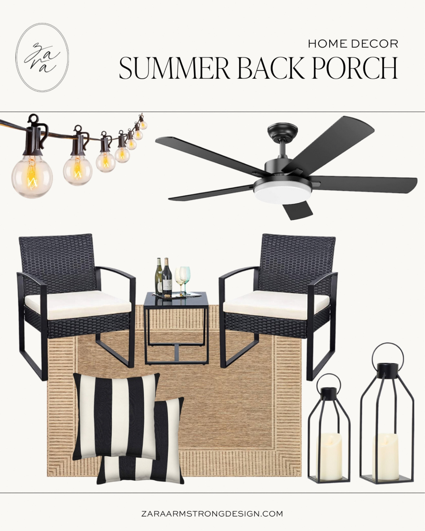 Summer porch refresh. Affordable outdoor furniture and patio decor for summer.

Black metal lanterns. 
Black modern farmhouse ceiling fan
Outdoor bistro lights
Waterproof cabana pillows
Neutral outdoor rug
3 piece patio set
Rocking chairs  

#LTKunder100 #LTKSeasonal #LTKunder50