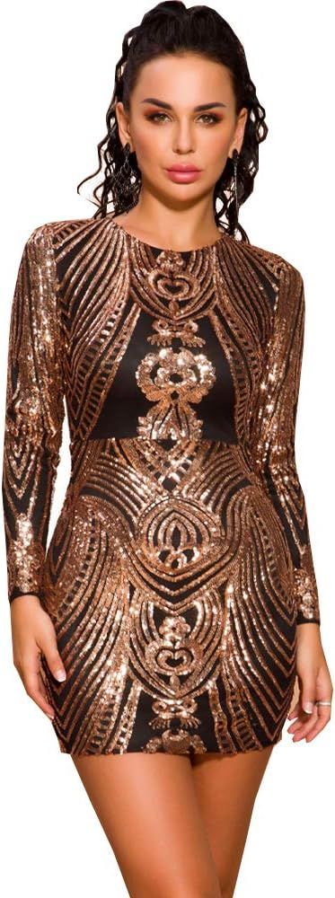 Miss ord Women O Neck Long Sleeve Sequin Dresses Female Elegant Mini Bodycon Casual Dress | Amazon (US)