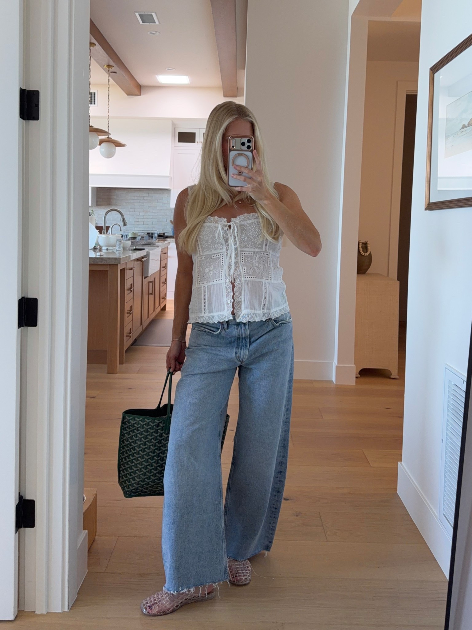 29 in jeans sized up +3 for pregnancy, med in top (linked similar options too). True size in shoes 