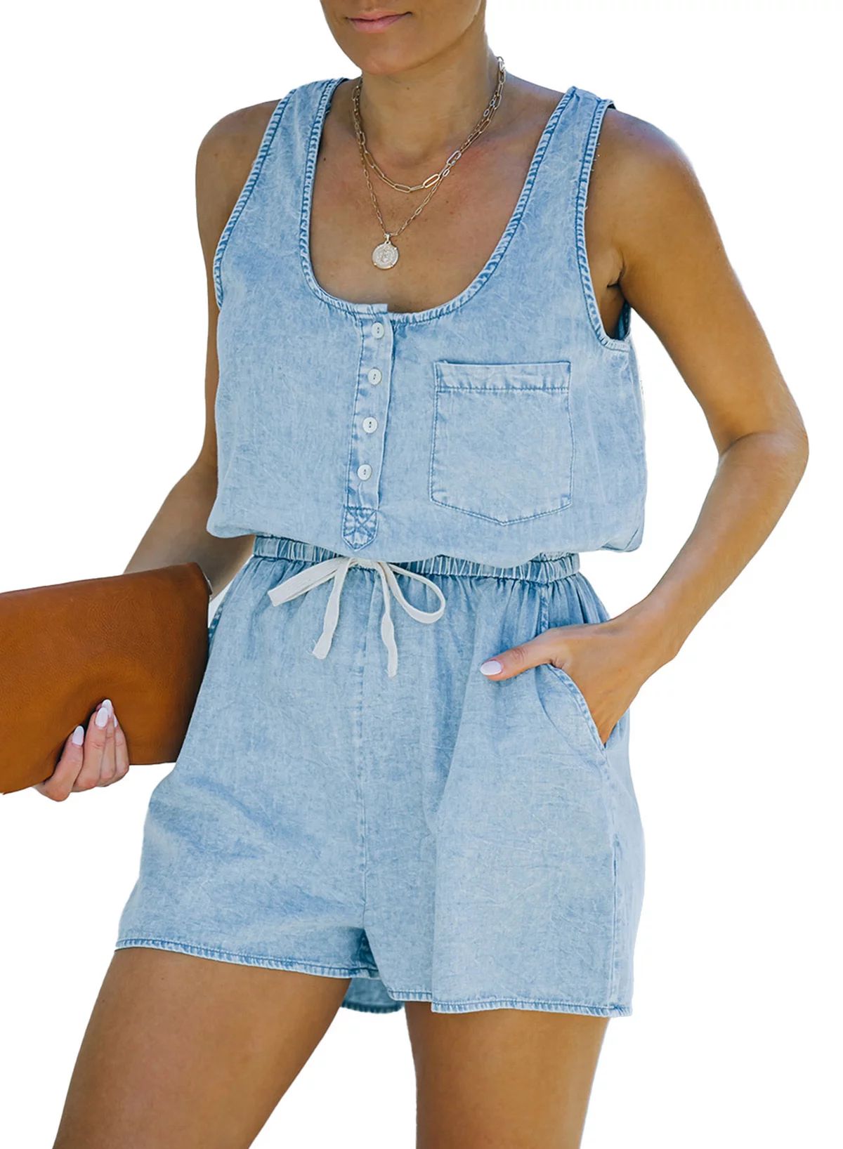 Astylish Sleeveless Denim Rompers for Women Drawstring Elastic High Waist Blue Jean Jumpsuit Summ... | Walmart (US)