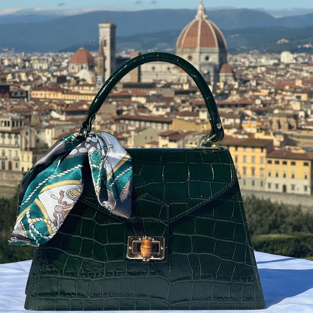 Italian Handmade Leather Bag For Women | Elegant Green Croc-Embossed Handbag | Gold Clasp and Sca... | Etsy (US)