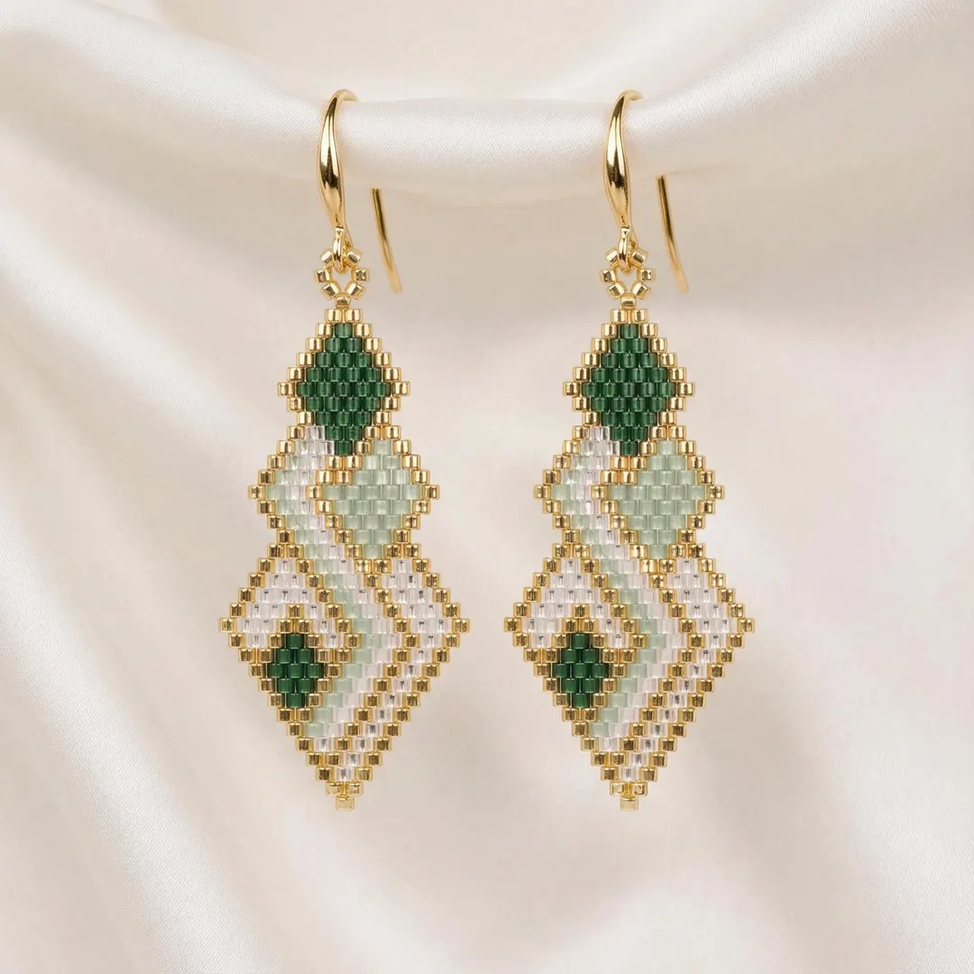 Art Deco Earring Pattern | Emerald Green & Gold Brick Stitch Bead Chart | Geometric Drop Dangle E... | Etsy (Global)