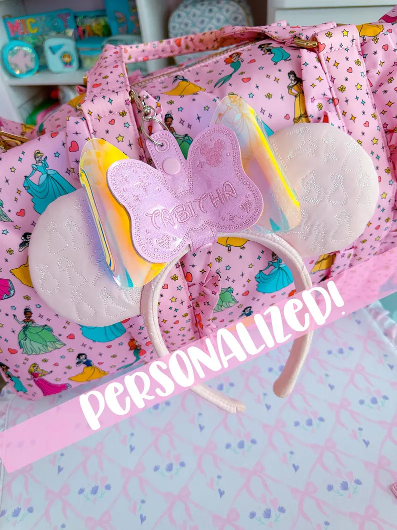 Personalized Mouse Ear Holder – Pink Bow With Pink Stitching – Mickey Ears Hanger for Park Ba... | Etsy (US)