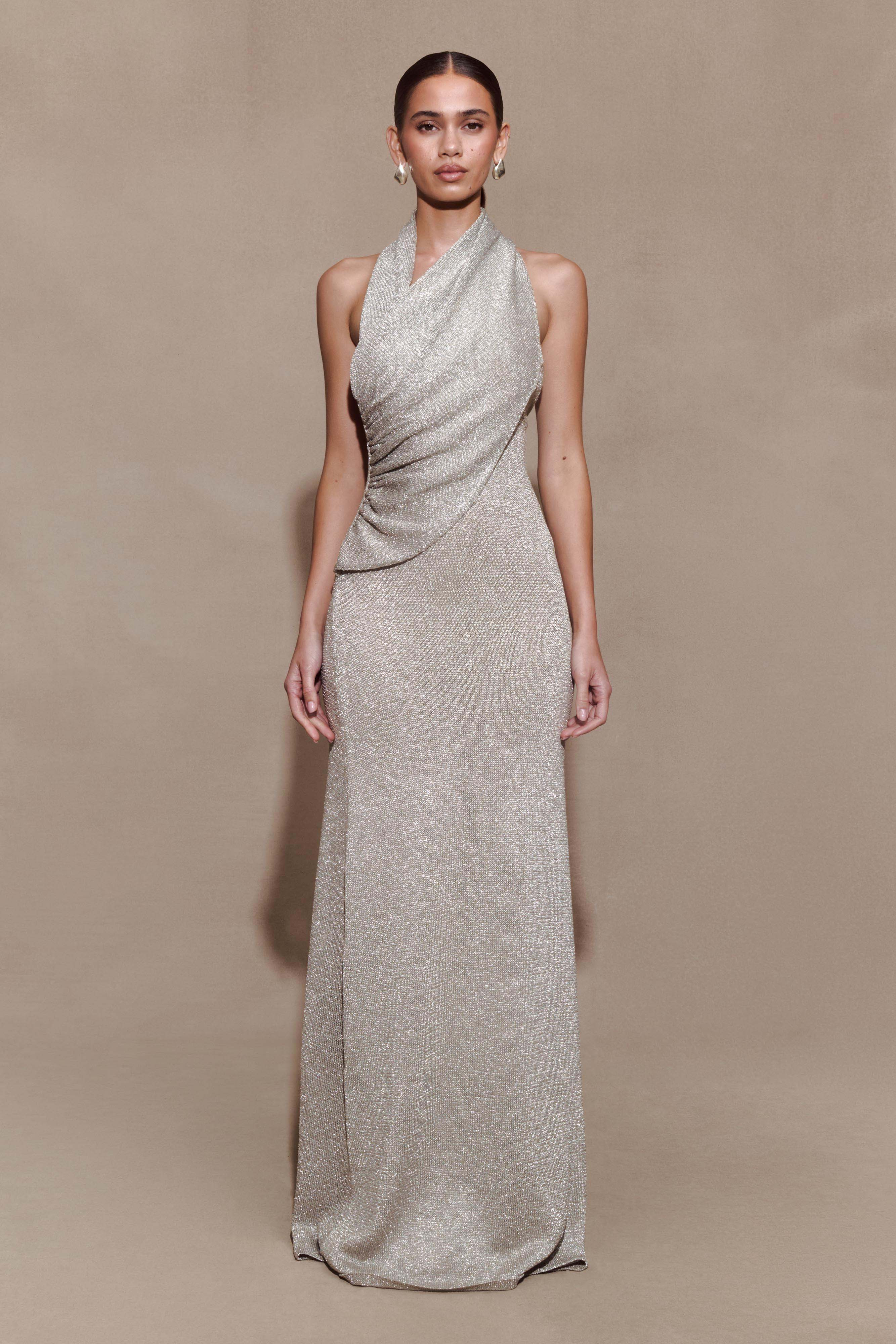 Elma Lurex Knit Halter Maxi Dress - Silver I MESHKI I Size M | MESHKI US