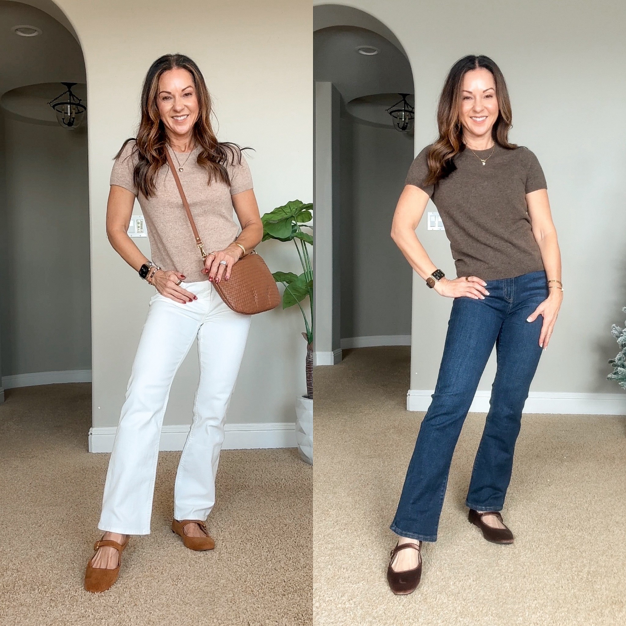 This short sleeve Mongolian cashmere sweater feels absolutely incredible and it’s perfect for all seasons! I’m wearing size XS. Long sleeve linen button down XS. The Bella Stretch Kick Flare jeans come in 3 length options. I am wearing the size 25 in the 28 inch in the color cloud white. The cutest woven leather bag with 2 strap options comes in multiple color options. 
 
For reference I’m 5’1” 109 LBS.  
@onequince #quincepartner


#LTKPetite #LTKootd #LTKOver40