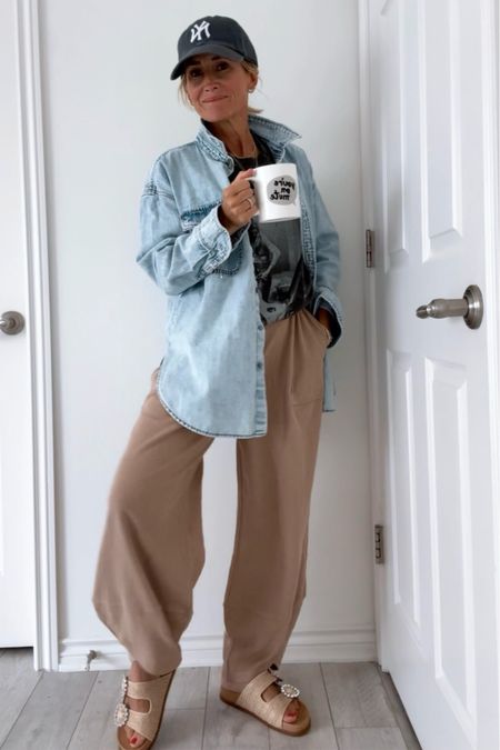 Saturday morning style
Pants are like a super thin sweatpant/ barrel style, elastic waist, 
Denim shirt/ jacket is true to size xs 
Tee is oversized too- in xs
Sandals- I’m a 6.5 or 7 and did the 7

#LTKStyleTip #LTKShoeCrush #LTKFindsUnder50