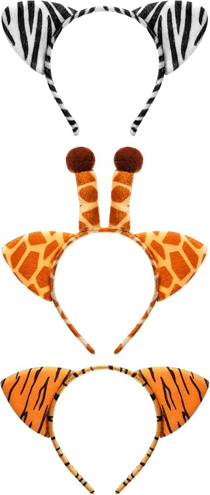 Cindeer 3 Pcs Halloween Ear Costume Headband Zoo Jungle Safari Plush Ear Hair Hoop for Halloween ... | Amazon (US)
