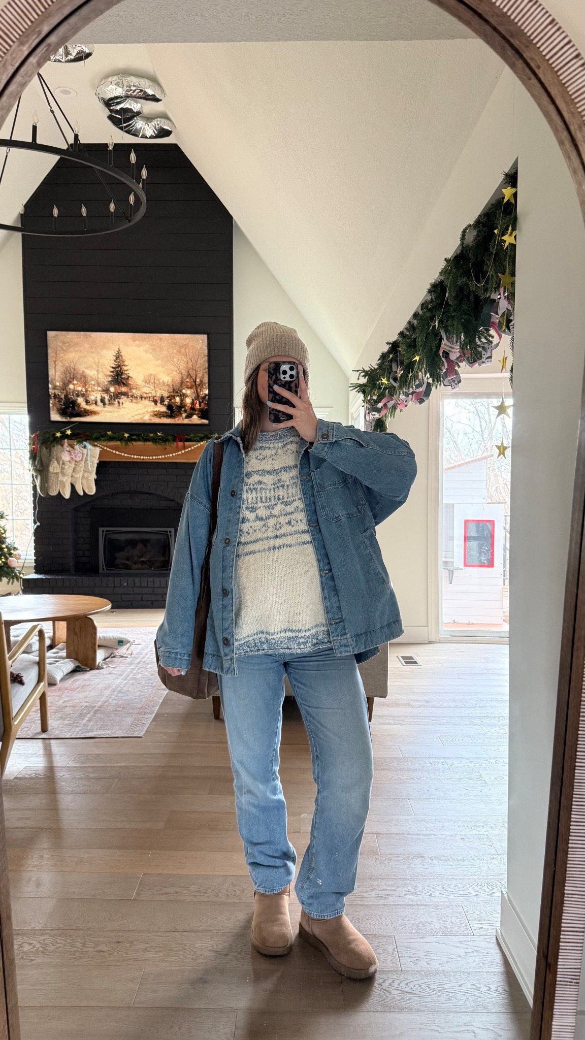 wearing a small in oversized denim jacket and sweater (currently on sale)! Limited sizing of these maternity jeans, linked exact pair and similar! mini Uggs tts! 

Winter outfit, bump friendly 

#LTKBump #LTKootd