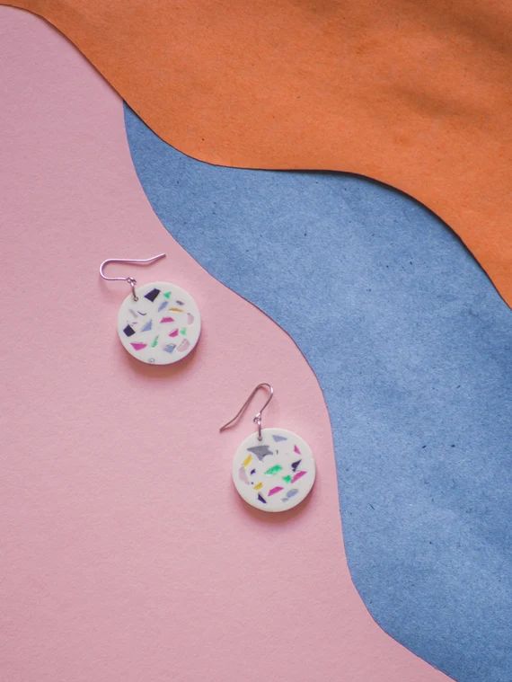 Terrazzo Dangle Disc Earrings- statement earrings in white with pink, green, black etc, on stainl... | Etsy (UK)