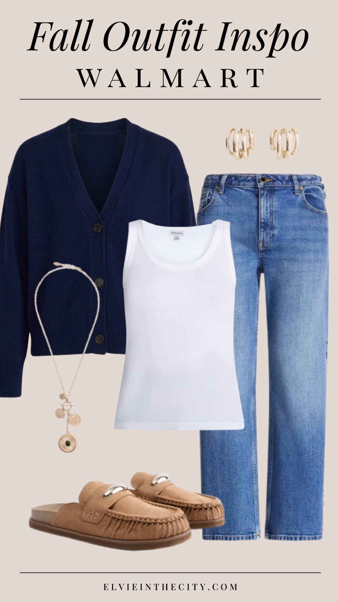 Fall outfit inspo from Walmart includes a white tank paired with a blue cardigan sweater, straight leg jeans, moccasin mules, a gold necklace and gold earrings.

Ootd, fashion over 40, over 50 style, walmart fashion, affordable fashion 

#LTKOver40 #LTKootd