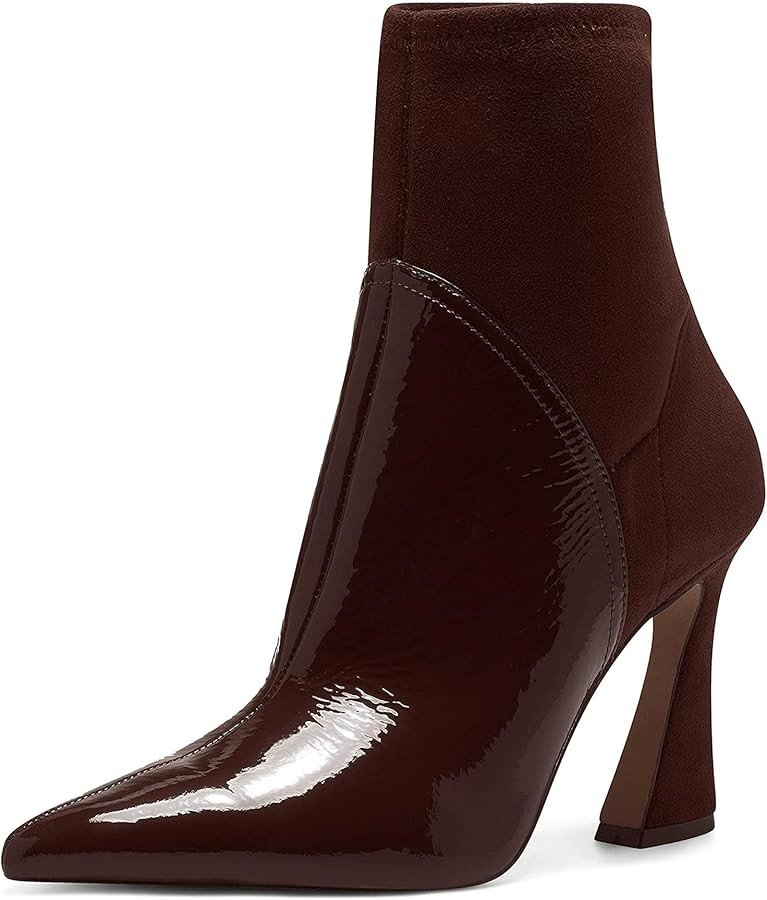Coutgo Women's Pointed Toe High Heel Ankle Boots Patent Faux Leather Suede Splicing Slip On Fashi... | Amazon (US)