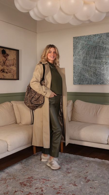 Monochrome Series 
Episode 3
Green (with a little beige hehe)

🧚‍♀️ Beige oversized trench coat -Mango
🧚‍♀️ Khaki knit jumper - Whistles
🧚‍♀️ Khaki leather trousers - Never fully dressed
🧚‍♀️ Leopard print trainers - New Balance
🧚‍♀️ Leopard Print bag - Hush
🧚‍♀️ Necklace - Mint Velvet

