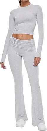 AnotherChill Women's 2 Piece Lounge Sets Fold-over Flare Pants Set Long Sleeve Cropped Top Casual... | Amazon (US)