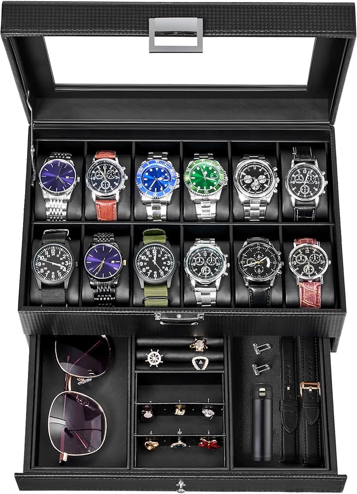 BEWISHOME 12-Slot Watch Box, Watch Case for Men 2-Layer, Watch Display Organizer Mens Jewelry Box... | Amazon (US)