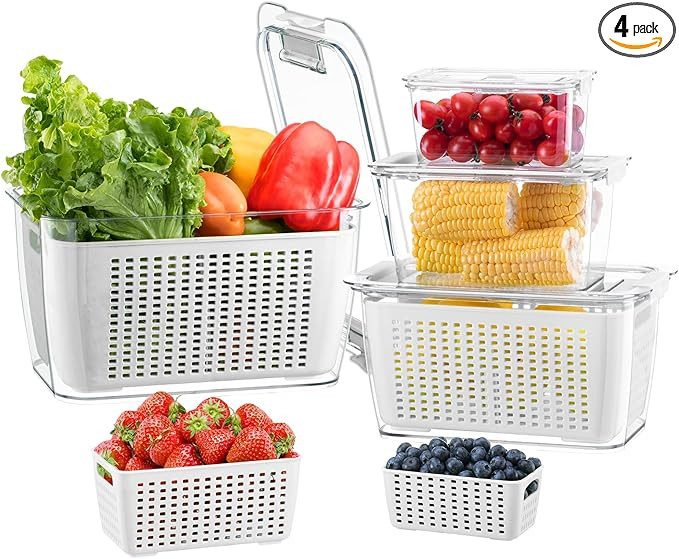 LUXEAR 4 Pack Fruit Vegetable Containers for Fridge, Produce Saver Container with Lids &Removable... | Amazon (US)