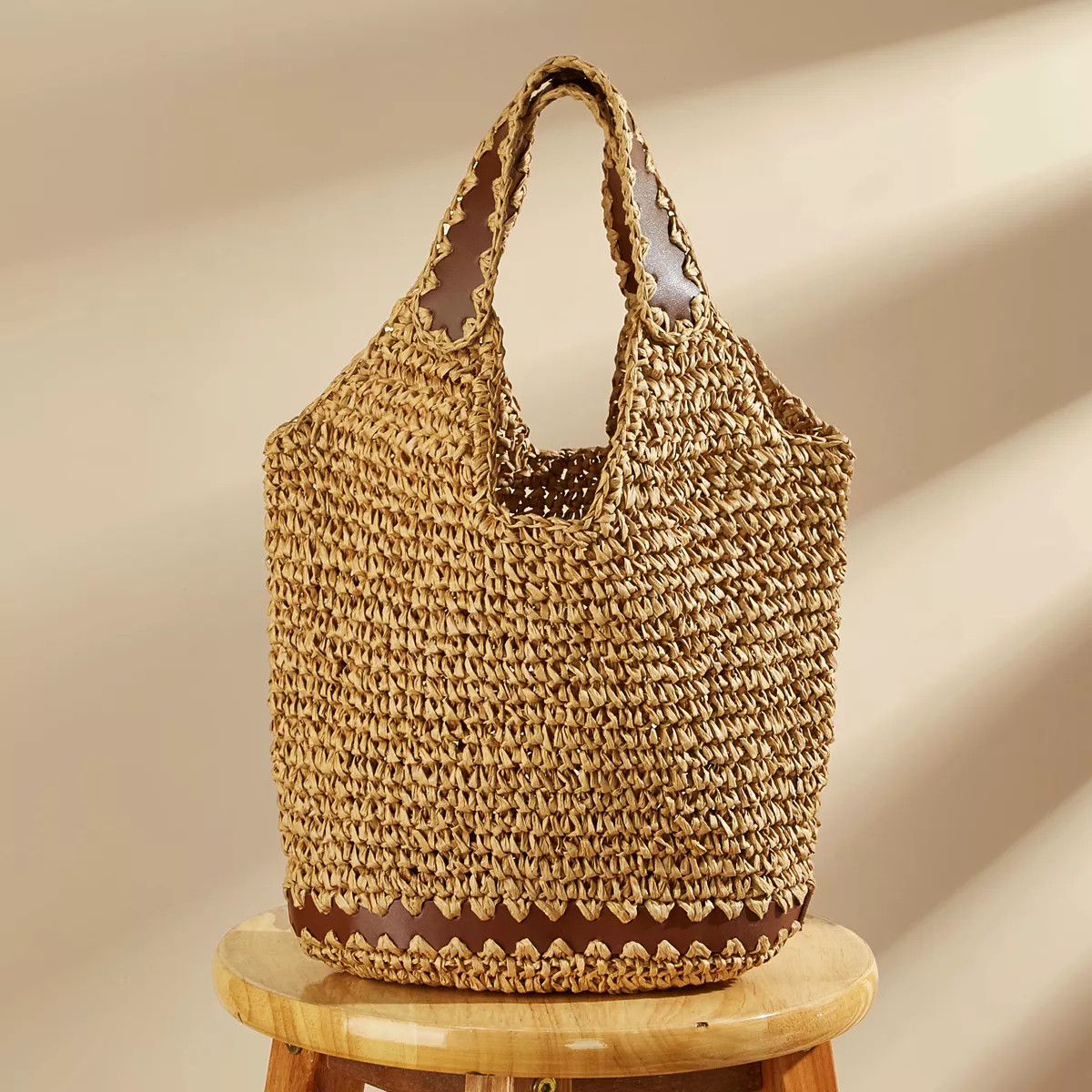 Women's Camel PU Leather Stitching Straw Handbag - Cupshe | Target