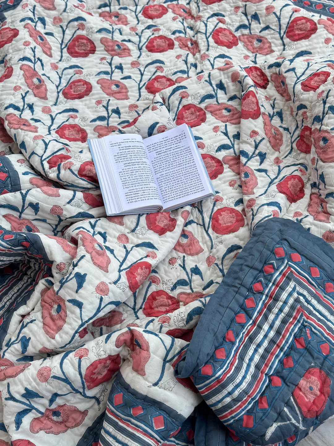 Anokhi Block Printed Cotton Blue White Floral Comforter, Handmade Throw Reversible Quilt, United ... | Etsy (US)