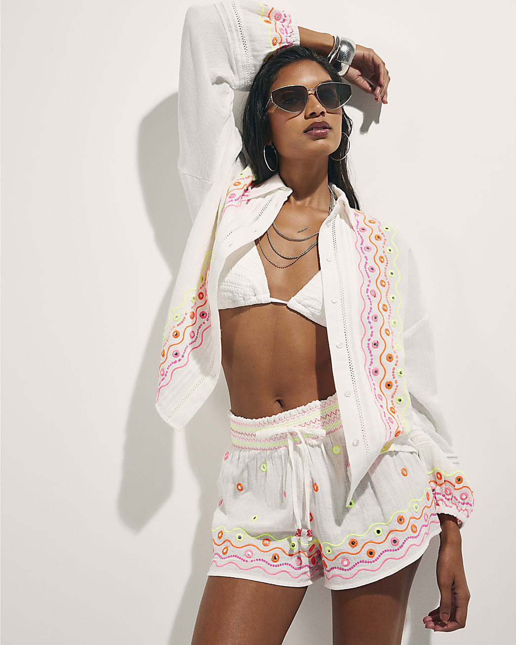 Cream Cotton Mirror Embroidered Shorts | River Island UK & IE