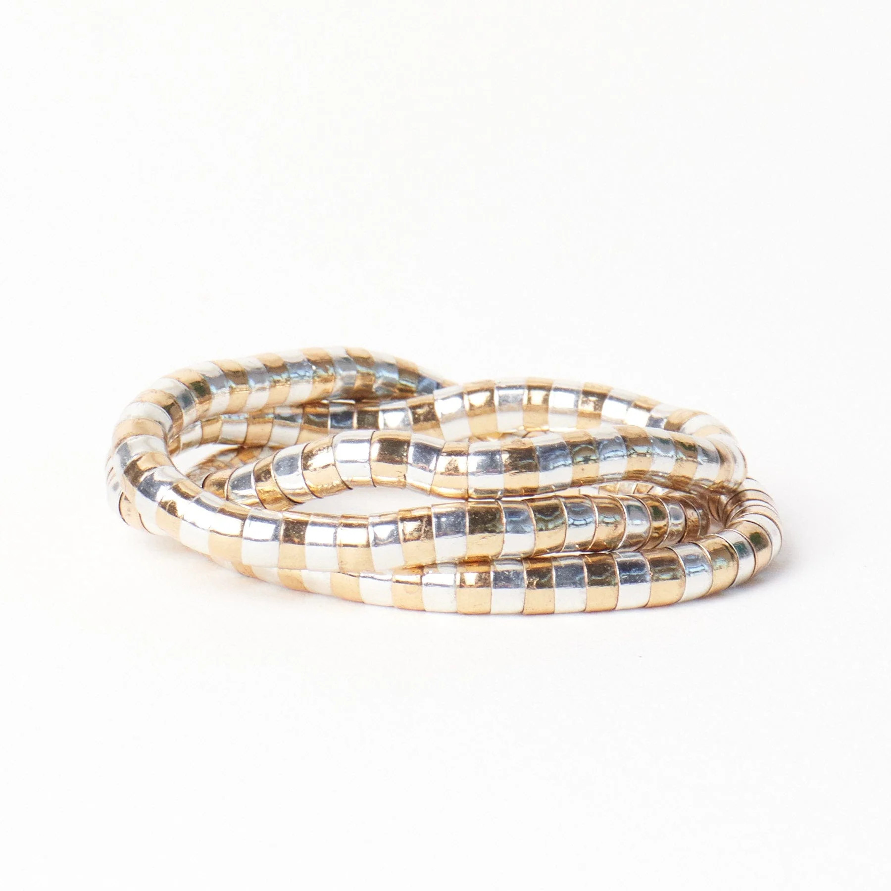 Lucille Round Bead Stretch Bracelet Stack Mixed Metal Brass + Silver Set of 3 | INK+ALLOY