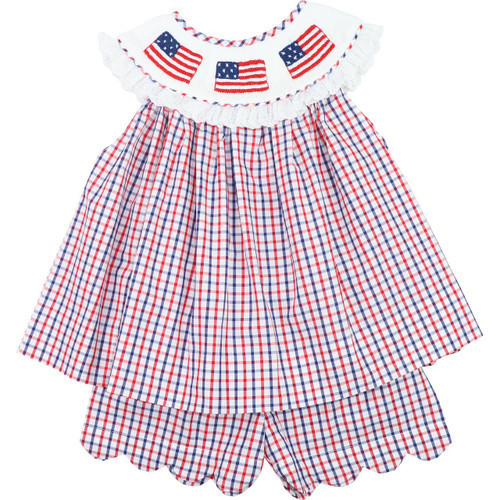 Navy And Red Windowpane Smocked American Flag Scalloped Short Set | Cecil and Lou
