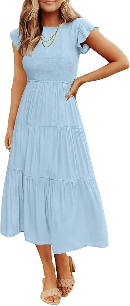 ZESICA Women's 2023 Summer Casual Flutter Short Sleeve Crew Neck Smocked Elastic Waist Tiered Mid... | Amazon (US)