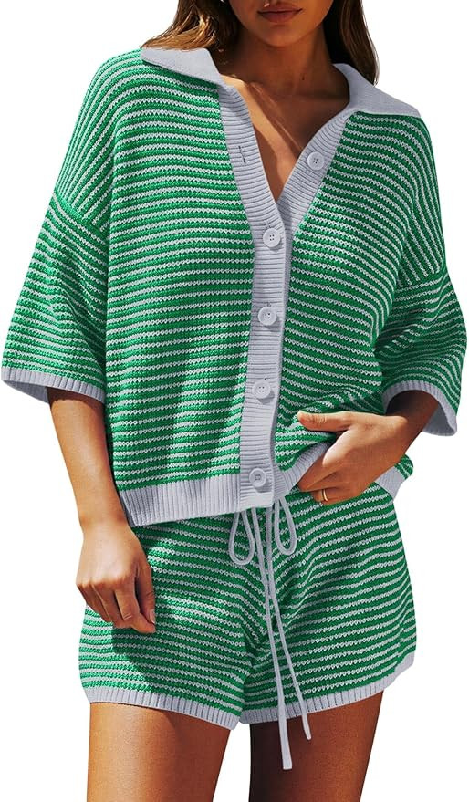 Saodimallsu Womens Short Sets 2 Piece Outfits Summer Half Sleeve Knit Cardigan High Waisted Short... | Amazon (US)