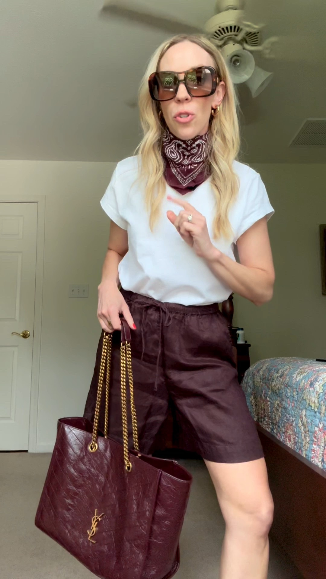 Summer outfit over 40 with white tee, dark brown linen shorts, burgundy bandana, burgundy YSL tote bag

#LTKootd #LTKgrwm #LTKdayinmylife