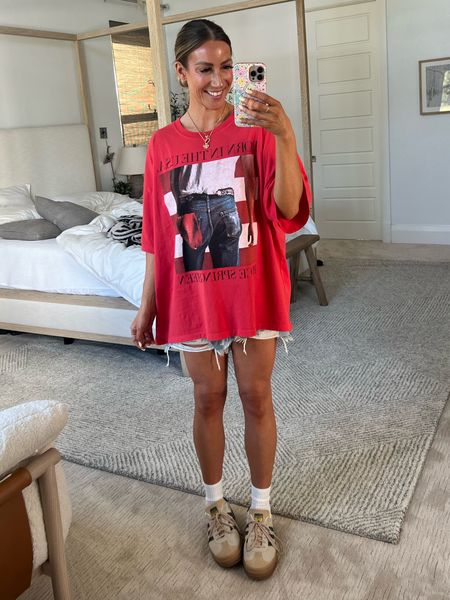 SARAHLIT15 to save on my tee! SARAHL20 to save on my shorts oversized graphic tee Bruce Springsteen, cut off shorts tts,  Adidas gazelles (size down one) 

#LTKshoecrush #LTKstyletip #LTKfamily