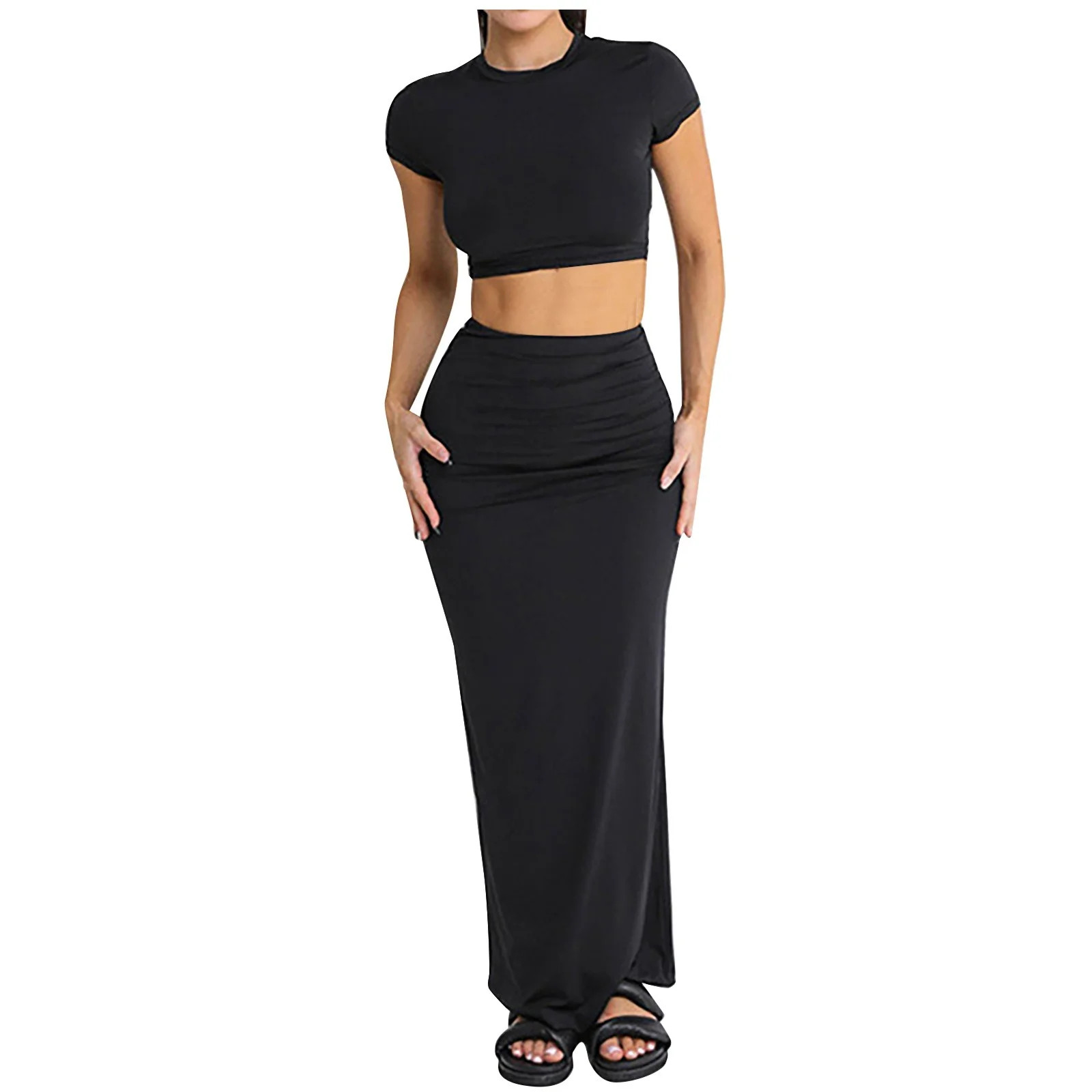 Two Piece Skirt Set for Women 2 Pc Y2K Outfits Short Sleeve Crop Tops Bodycon High Waist Long Max... | Walmart (US)