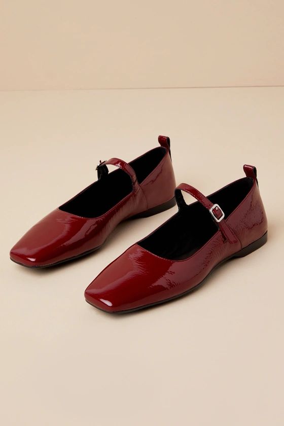 Delia Dark Red Patent Leather Buckle Ballet Flats | Lulus