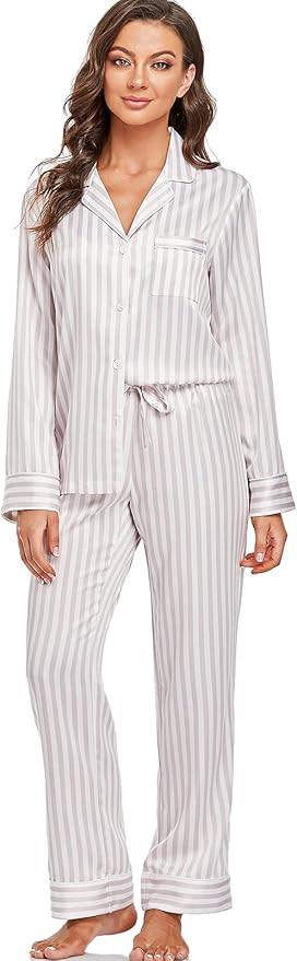 Women's Satin Pajama Set Long Sleeve Button Down Sleepwear 2-Piece Silky Pj Set | Amazon (US)