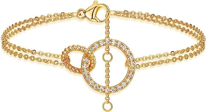 MTMY Gold Bracelet for Women 14K Gold Plated Dainty Cubic Zirconia Circle Cross Anchor Petal Flow... | Amazon (US)