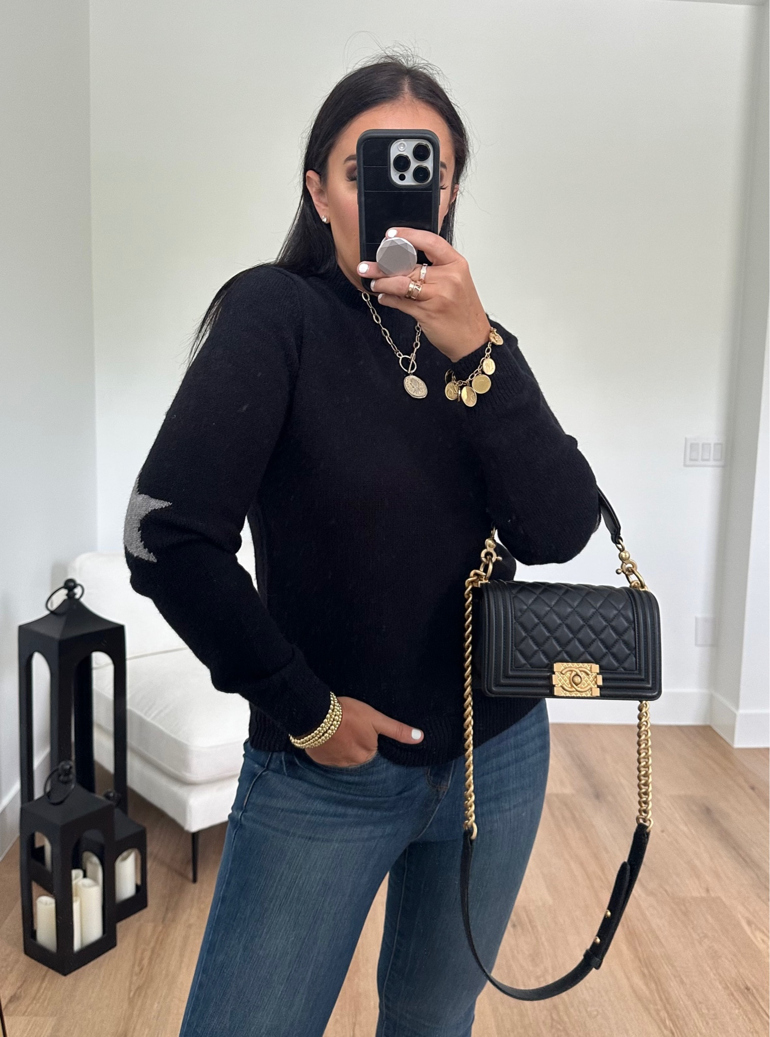 Dreamers by Debut Women's Elbow Patch Mock Neck Sweater wearing size medium. Sofia Jeans Women's Bagi Boyfriend Mid-Rise Jeans wearing size 6. 
