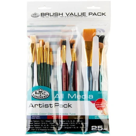 ROYAL & LANGNICKEL 25-Piece All-Media Taklon Brush Set – Wood Handles, Acrylic Oil, Watercolor, Value Kit | Walmart (US)