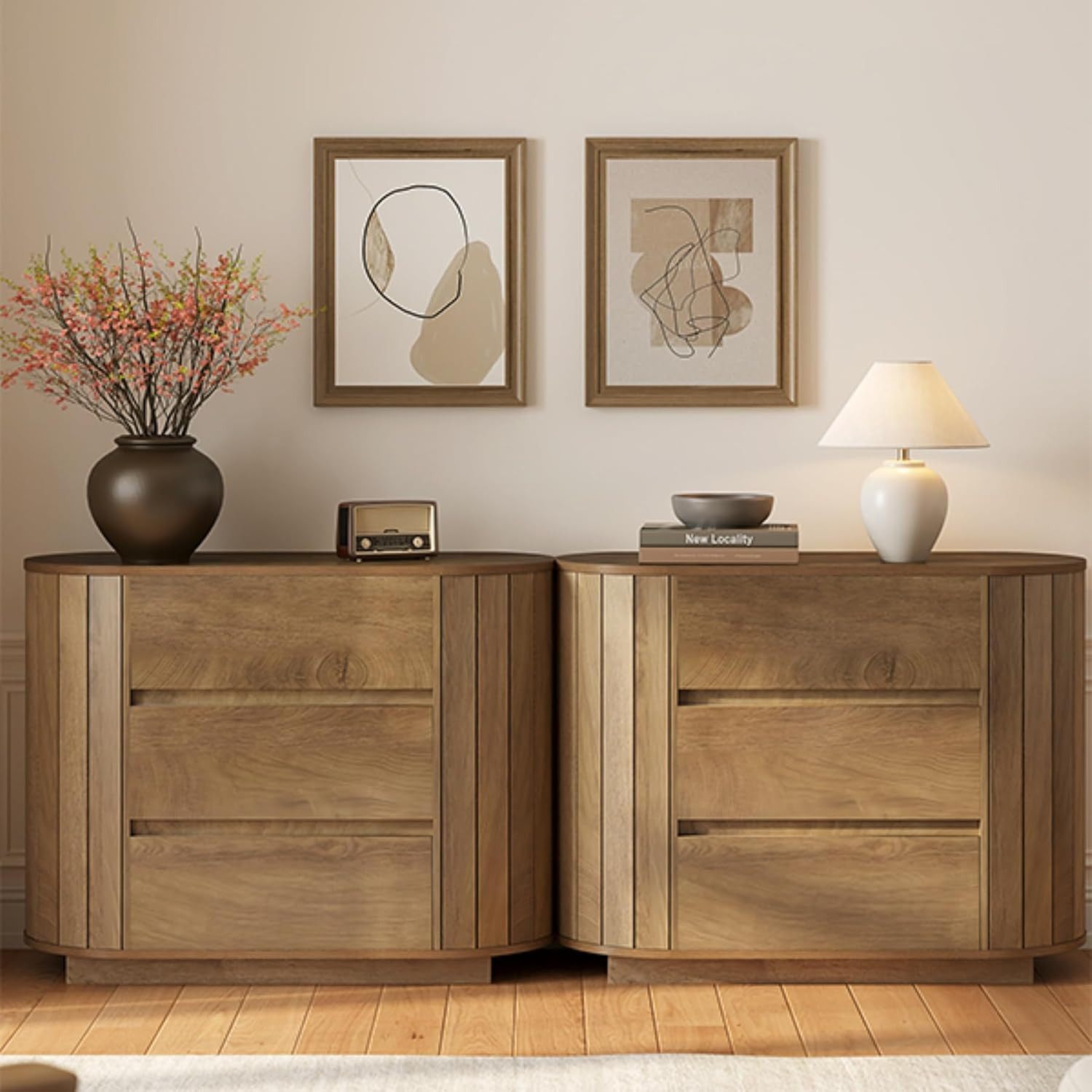 LITTLE TREE Large Nightstand, Oversized Night Stand Set 2, Slatted Side Design Wood Nightstand, Modern Dresser with 3 Drawers for Bedroom,Entryway, Oak 2PCS | Amazon (US)
