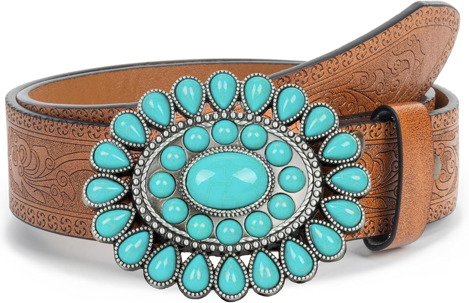Women's Western-Turquoise-Cowboy-Belt - Vintage-Embossed-Cowgirl-Waist-Belt with Turquoise-Buckle... | Amazon (US)