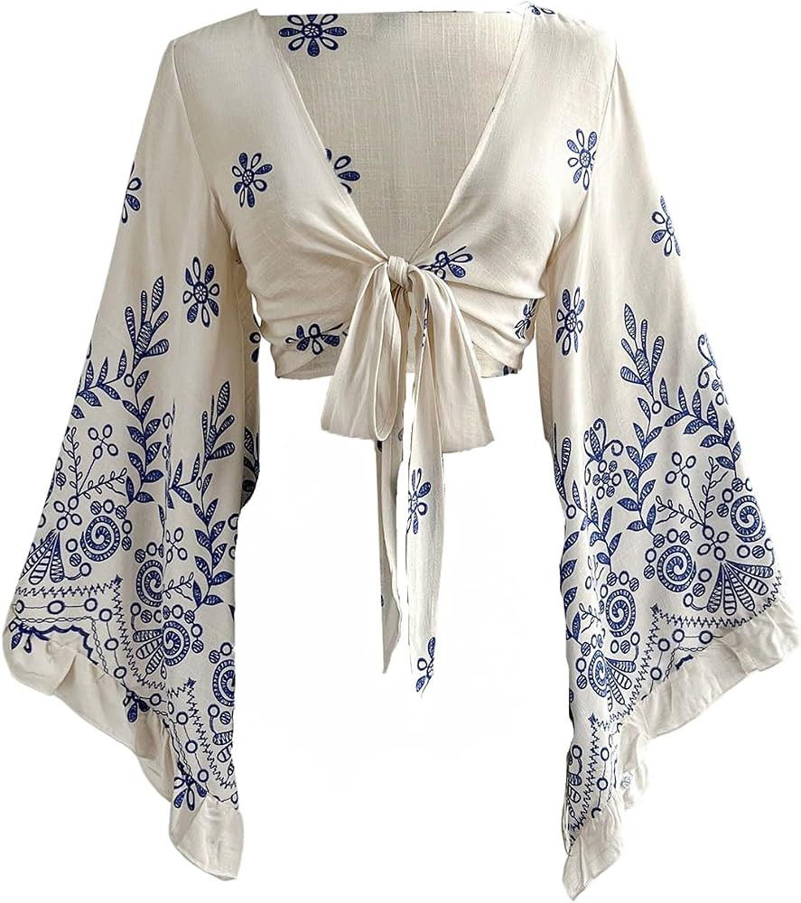 Women's Boho Tops Wrap Western Country Concert 70s Outfits Tie Front Long Bell Sleeve Tops Hippie Disco Clothes | Amazon (US)
